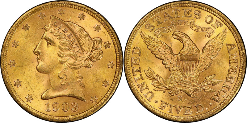 1903-S Liberty Head Half Eagle. MS-65+ (PCGS).
A sensational orange-gold Gem, t...