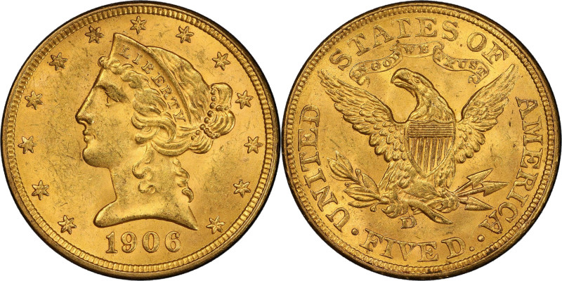 1906-D Liberty Head Half Eagle. MS-65 (PCGS).
Soft satin luster in warm honey-o...