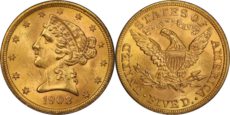 1908 Liberty Head Half Eagle. MS-66 (PCGS).
Drenched in vivid rose-gold color, ...