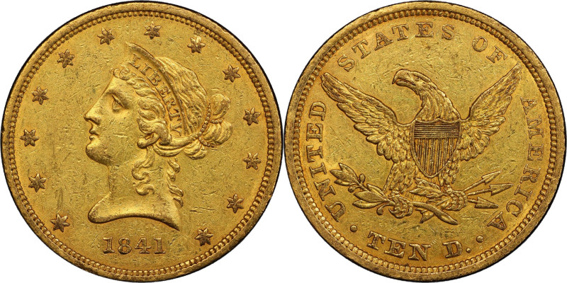 1841 Liberty Head Eagle. AU-50 (PCGS).
A lovely example with richly original su...