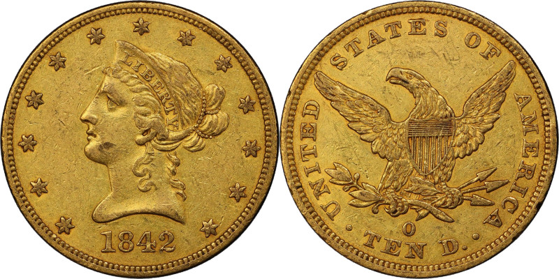 1842-O Liberty Head Eagle. Winter-2. EF-45 (PCGS).
Light, even honey-gold color...