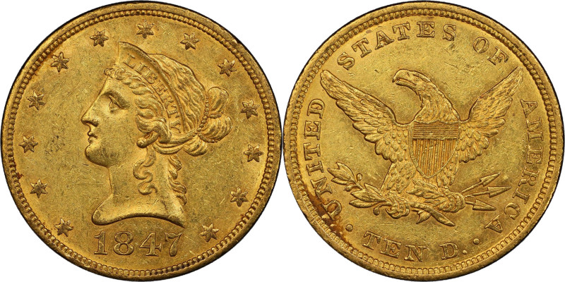 1847 Liberty Head Eagle. AU-55 (PCGS). CAC.
A lovely example from the early No ...