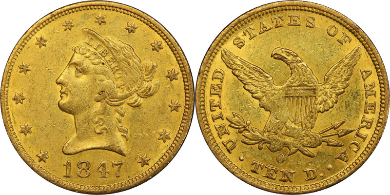 1847-O Liberty Head Eagle. Winter-2. Repunched Date. AU-55 (PCGS).
A lovely ear...