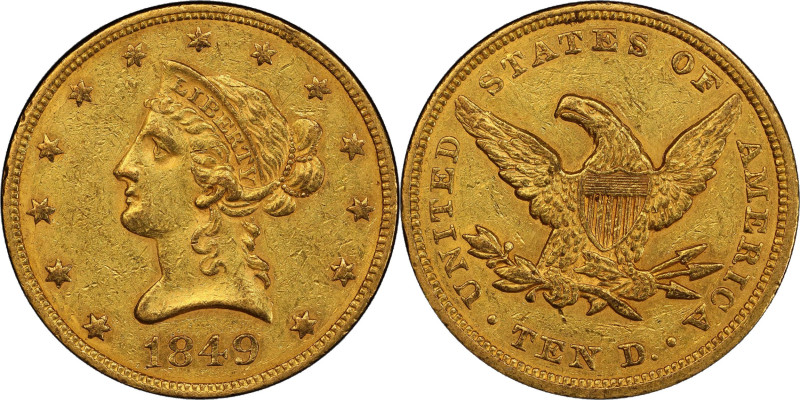 1849 Liberty Head Eagle. Breen-6887. Repunched Date. EF-45 (PCGS). CAC.
A late ...