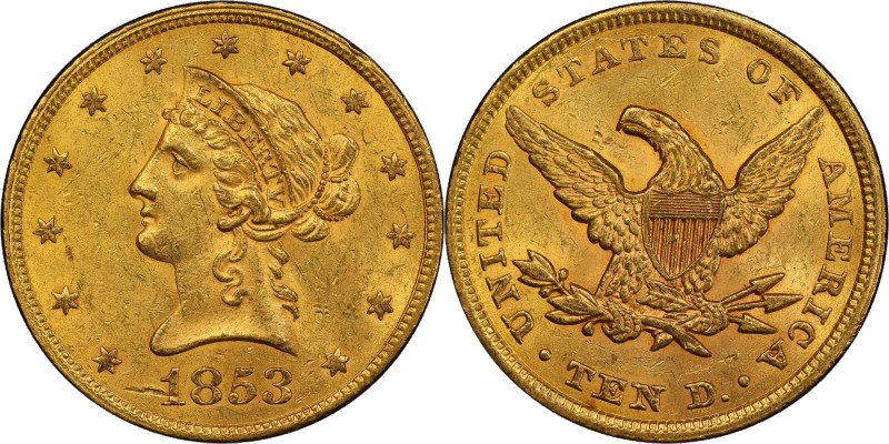 1853 Liberty Head Eagle. MS-61 (PCGS).
With original rose-orange surfaces that ...