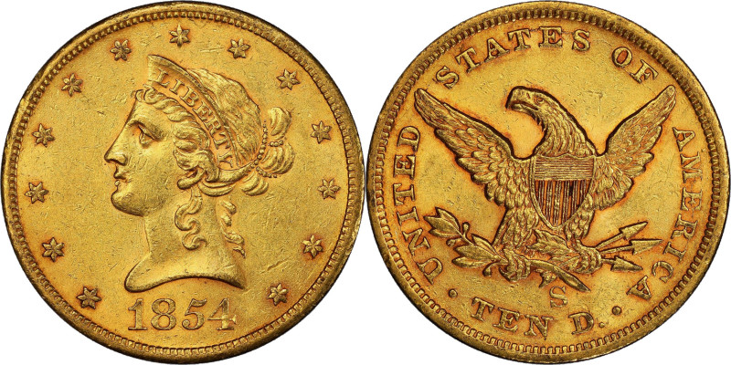 1854-S Liberty Head Eagle. AU-58 (PCGS).
An impressive near-Mint example with o...