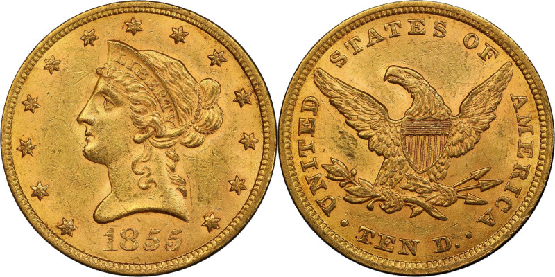 1855 Liberty Head Eagle. MS-61 (PCGS). CAC.
Sharply defined in most areas, this...