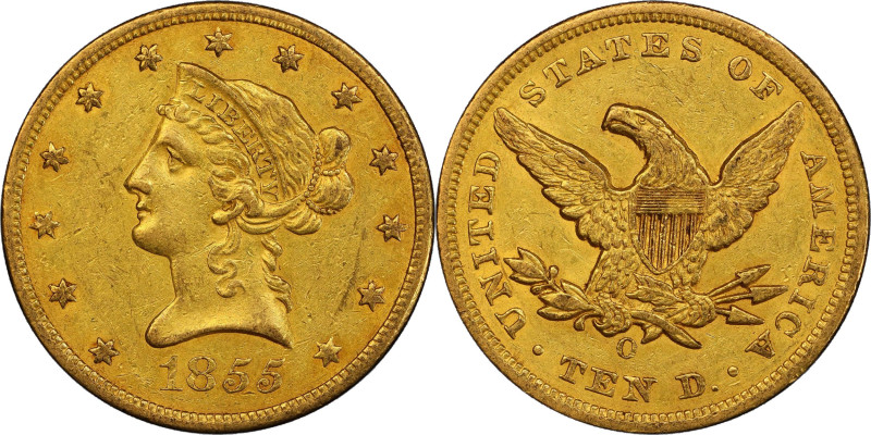 1855-O Liberty Head Eagle. Winter-1, the only known dies. AU-50 (PCGS). CAC.
Be...