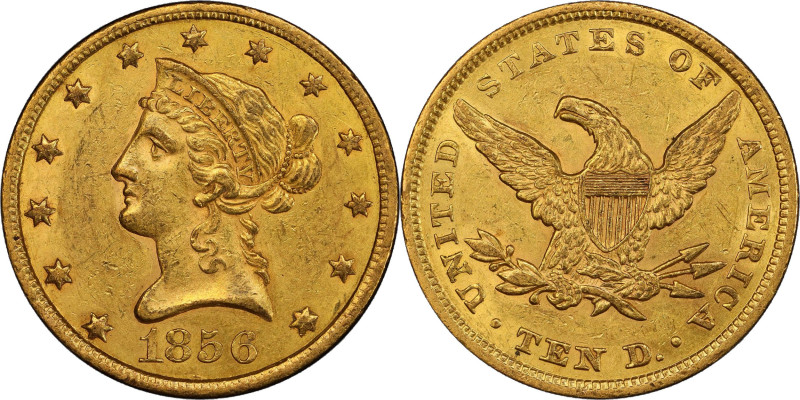 1856 Liberty Head Eagle. AU-55 (PCGS). CAC.
Warm honey-orange gold color with t...