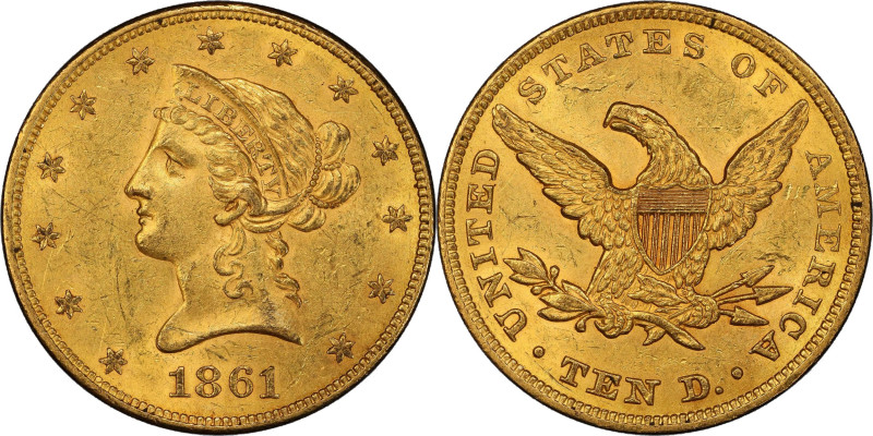 1861 Liberty Head Eagle. MS-61 (PCGS).
Extremely beautiful surfaces exhibit ori...