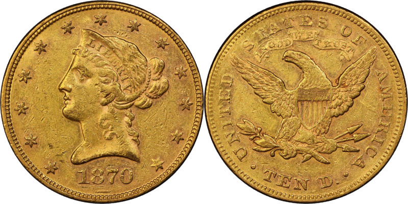 1870 Liberty Head Eagle. AU-53 (PCGS).
Beautiful honey-gold and deep rose-orang...