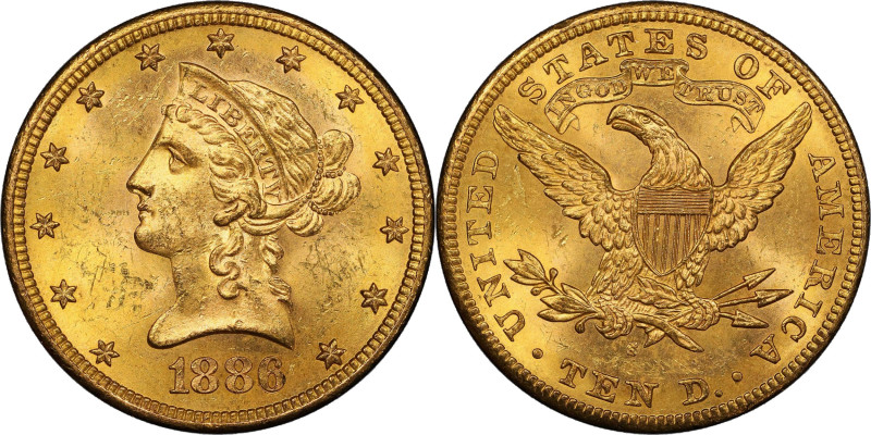 1886-S Liberty Head Eagle. MS-63+ (PCGS).
Frosty honey-orange surfaces are shar...