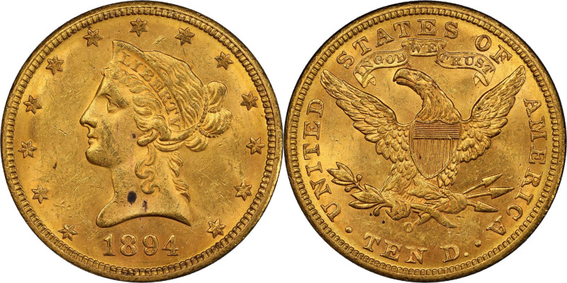 1894-O Liberty Head Eagle. Winter-6. MS-62 (PCGS).
A lustrous, predominantly fr...