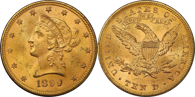 1899 Liberty Head Eagle. MS-64+ (PCGS).
A handsome golden-orange, near-Gem fit ...