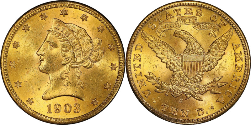 1903-S Liberty Head Eagle. MS-64 (PCGS).
Beautiful golden-orange surfaces are s...