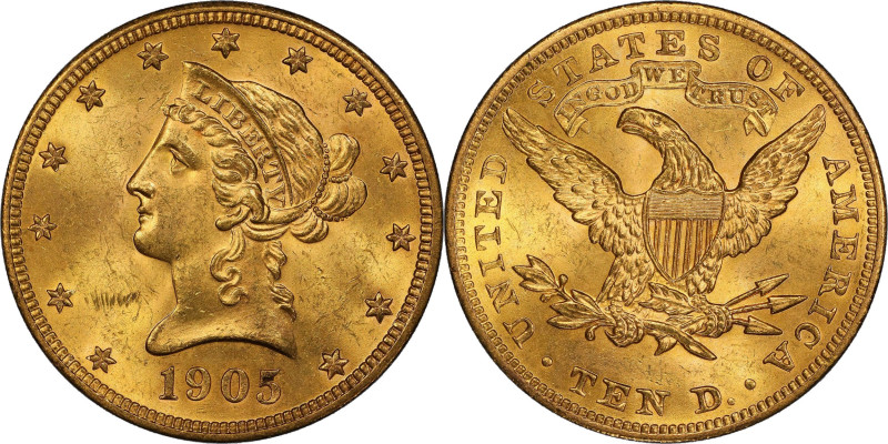 1905 Liberty Head Eagle. MS-63+ (PCGS). CAC.
A handsome honey-apricot example w...