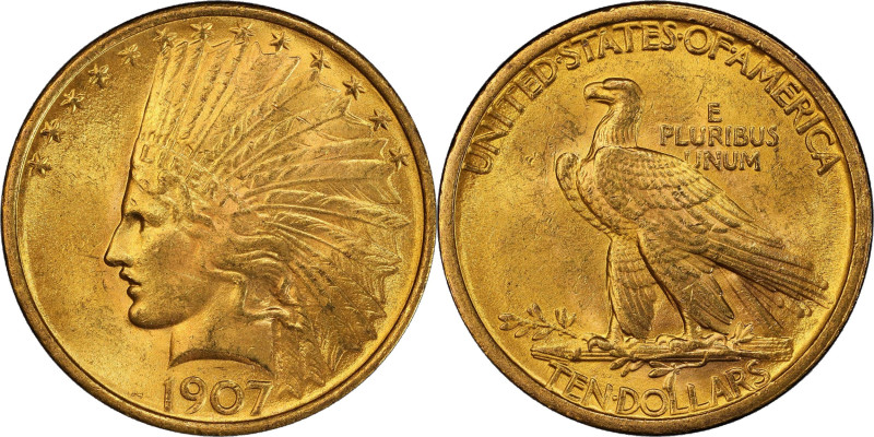 1907 Indian Eagle. No Periods. MS-64+ (PCGS).
A frosty orange-gold example with...