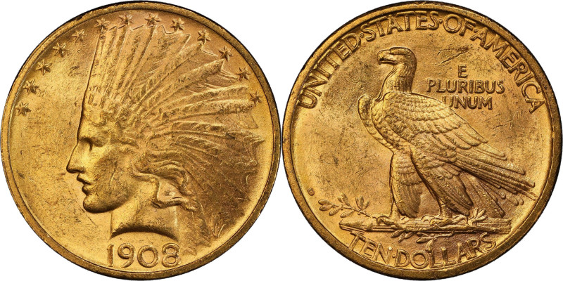 1908-D Indian Eagle. No Motto. MS-62+ (PCGS). CAC.
This is a lovely Mint State ...