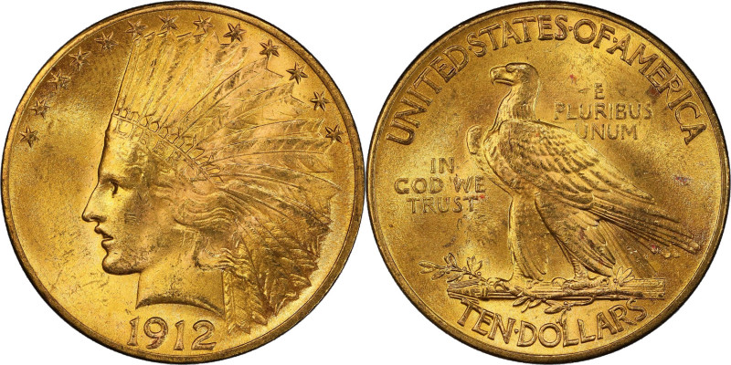 1912 Indian Eagle. MS-64+ (PCGS).
Handsome golden-orange color with a tinge of ...