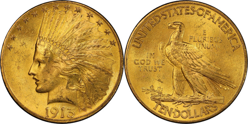 1913 Indian Eagle. MS-64+ (PCGS). CAC.
A lustrous, smooth and vividly colored e...