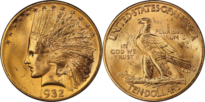 1932 Indian Eagle. MS-64+ (PCGS).
A very attractive near-Gem with light golden-...