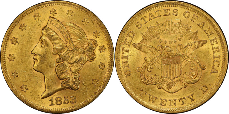 1853 Liberty Head Double Eagle. AU-58+ (PCGS).
Here is a noteworthy near-Mint s...