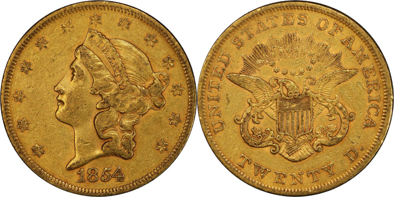 1854 Liberty Head Double Eagle. Small Date. Repunched Date. EF-45 (PCGS). CAC.
...