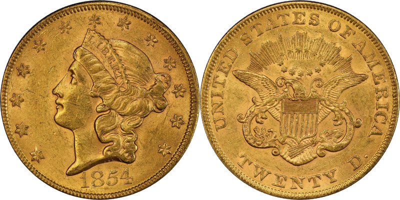 1854 Liberty Head Double Eagle. Large Date. AU-58 (PCGS).
One of the most signi...