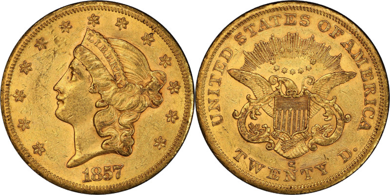 1857-S Liberty Head Double Eagle. AU-55 (PCGS).
This is a lovely near-Mint surv...