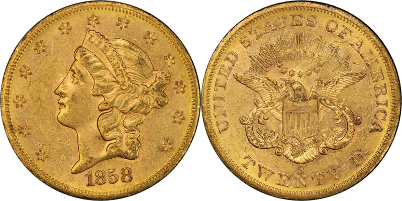 1858-S Liberty Head Double Eagle. AU-55 (PCGS).
Rose-gold and warm honey surfac...