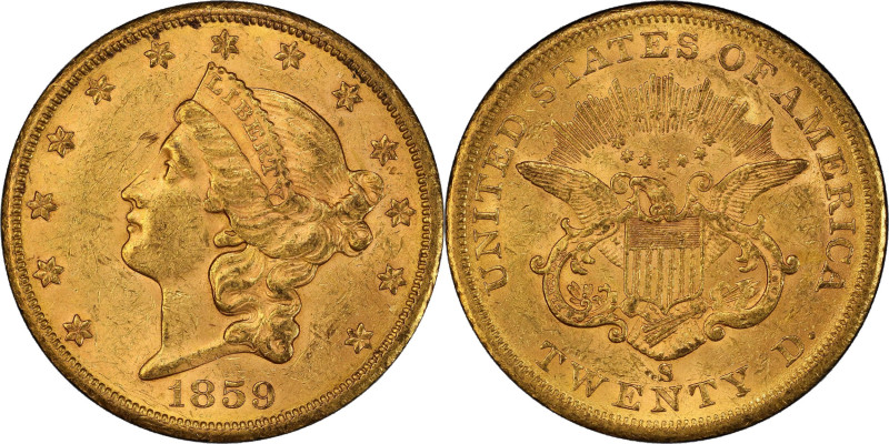 1859-S Liberty Head Double Eagle. MS-60 (PCGS). CAC.
A noteworthy example of th...