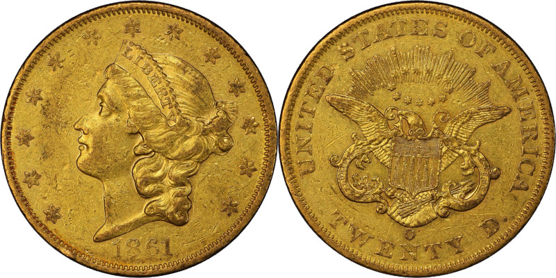 1861-O Liberty Head Double Eagle. Winter-1, the only known dies. AU-50 (PCGS).
...