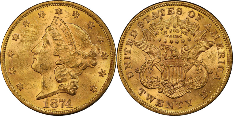 1874-S Liberty Head Double Eagle. MS-61 (PCGS).
Awash in original golden-wheat ...