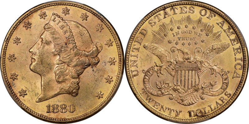 1880 Liberty Head Double Eagle. MS-62 (PCGS).
A satiny, fully original, sharply...