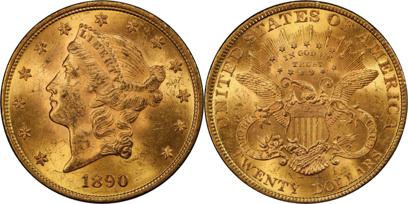 1890 Liberty Head Double Eagle. MS-62+ (PCGS). CAC.
Frosty surfaces are highly ...