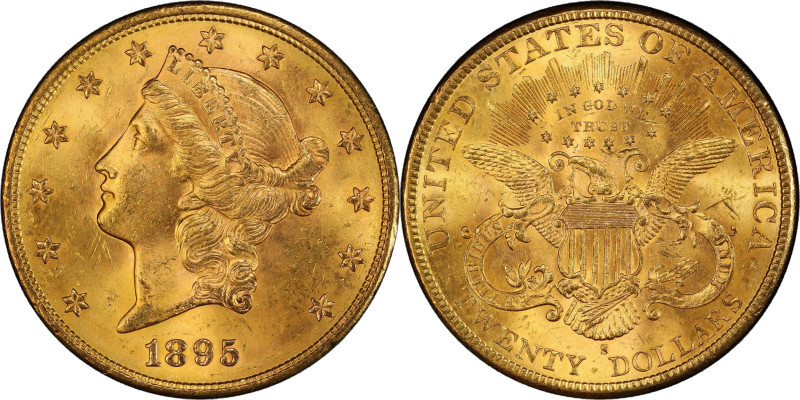 1895-S Liberty Head Double Eagle. MS-64+ (PCGS).
Appealing orange-apricot surfa...