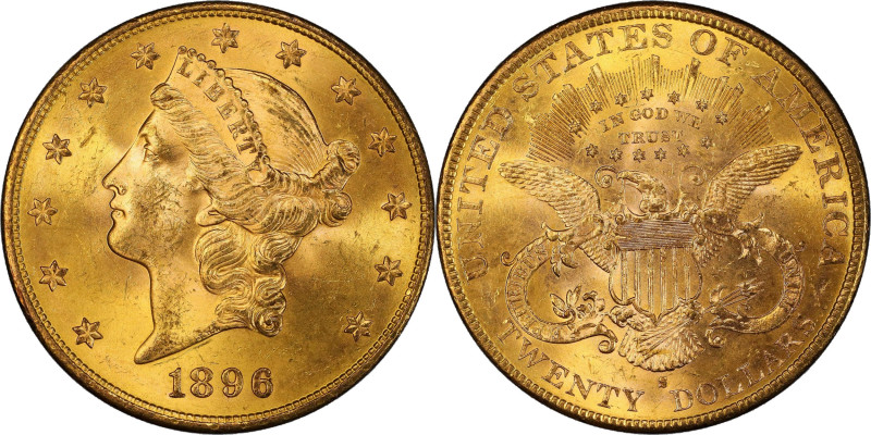 1896-S Liberty Head Double Eagle. MS-64+ (PCGS).
A bright and beautiful example...