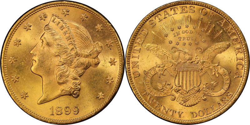 1899 Liberty Head Double Eagle. MS-65 (PCGS).
An outstanding condition rarity f...