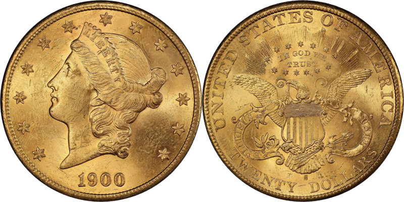 1900-S Liberty Head Double Eagle. MS-62 (PCGS).
This pretty coin is overall ful...