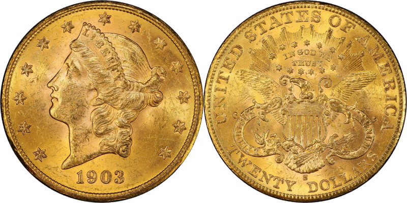 1903-S Liberty Head Double Eagle. MS-62+ (PCGS).
Offered is a beautiful Mint St...