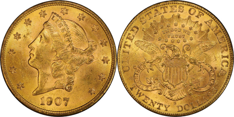 1907-S Liberty Head Double Eagle. MS-63 (PCGS).
An original deep honey-orange e...