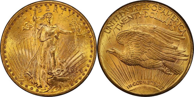 1914-D Saint-Gaudens Double Eagle. MS-65+ (PCGS).
A vivid and lustrous Gem with...