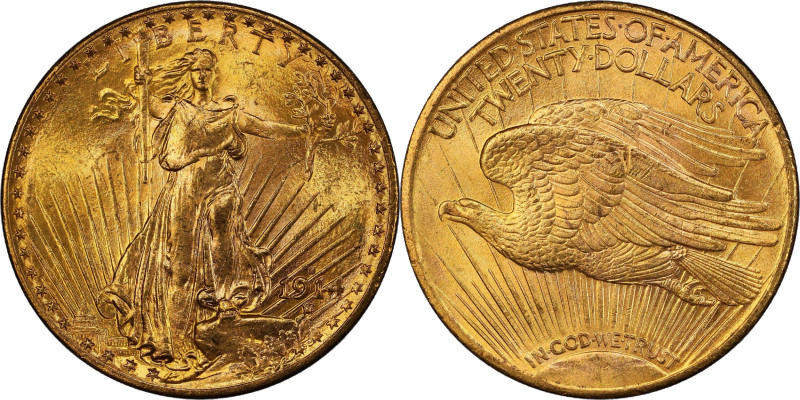 1914-S Saint-Gaudens Double Eagle. MS-65+ (PCGS).
Delightful orange-honey surfa...