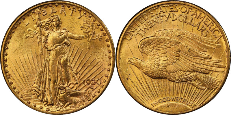 1920 Saint-Gaudens Double Eagle. MS-64 (PCGS).
This lovely example exhibits war...