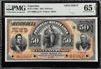 ARGENTINA. Banco de La Provincia De Buenos Aires. 50 Pesos, 1885. P-S566s. Specimen. PMG Gem Uncirculated 65 EPQ.
An absolutely beautiful Argentinian...