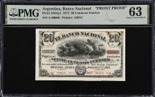 ARGENTINA. Banco Nacional. 20 Centavos Fuertes, 1873. P-S644p1. Front Proof. PMG Choice Uncirculated 63.
Printed by ABNC. Gaucho on horse chasing cat...