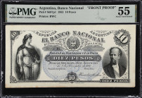 ARGENTINA. Banco Nacional. 10 Pesos, 1883. P-S697p1. Front Proof. PMG About Uncirculated 55.
Printed by BWC. Liberty at left, arms at center, and Pre...