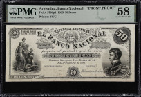 ARGENTINA. Banco Nacional. 50 Pesos, 1883. P-S700p1. Front Proof. PMG Choice About Uncirculated 58.
Printed by BWC. Group of people pictured at left,...