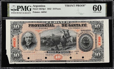 ARGENTINA. Lot of (2). Banco Provincial de Santa Fe. 10 Pesos, 1882. P-S829p1 & S829p2. Front & Back Proofs. PMG Uncirculated 60 & Gem Uncirculated 65...