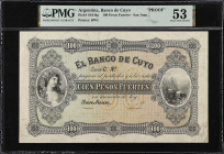 ARGENTINA. Banco de Cuyo. 100 Pesos Fuertes, 18xx. P-S1644p. Proof. PMG About Uncirculated 53.
San Juan. Printed by BWC. An exceptionally rare design...